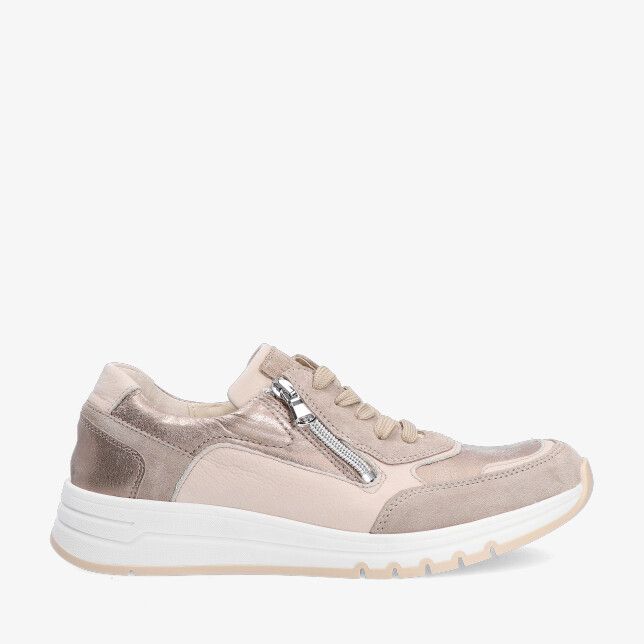 Beige Waldlaufer H-APRIL 957007 500 083 sneaker in leren combi met veters en zilverkleurige zijrits op witte profielzool