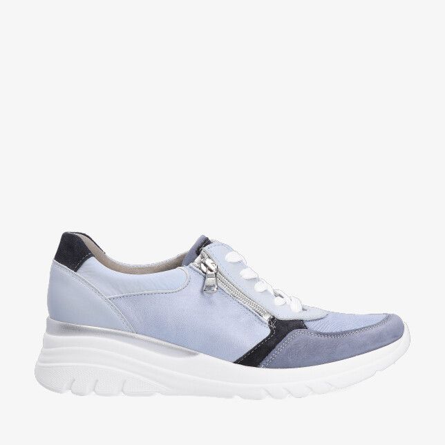 Blauwe leren combi sneaker Waldlaufer H-Carla 927H02 705 524 met zijrits veters en witte dikke zool met suède panelen