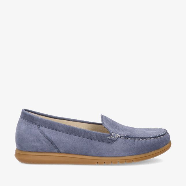 Blauwe nubuck instapper Waldlaufer H-WANDA 951503 190 206 met mocassin stiksels en lichtbruine soepele rubberzool