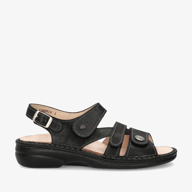 Zwarte nubuck Finn Comfort Gomera sandaal model 02562 817393 met klittenbandsluitingen en verstelbare hielband