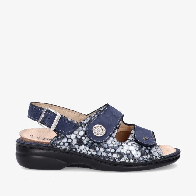 Blauwe Finn Comfort Isera 05004 903079 sandaal met stretchcombi open teen verstelbare slingback en bubbeltjesprint