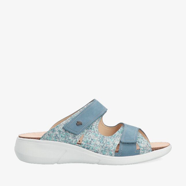 Blauwe Finn Comfort Palau 03350 903067 sandaal van nubuck met twee klittenbandriemen open teen en witte comfortzool