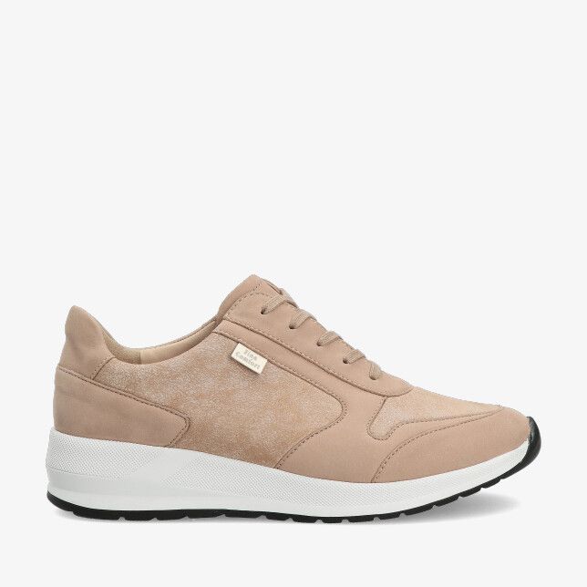 Taupekleurige Finn Comfort Mori 05067 903113 sneaker met stretchcombi inzet veters en witte dikke zool