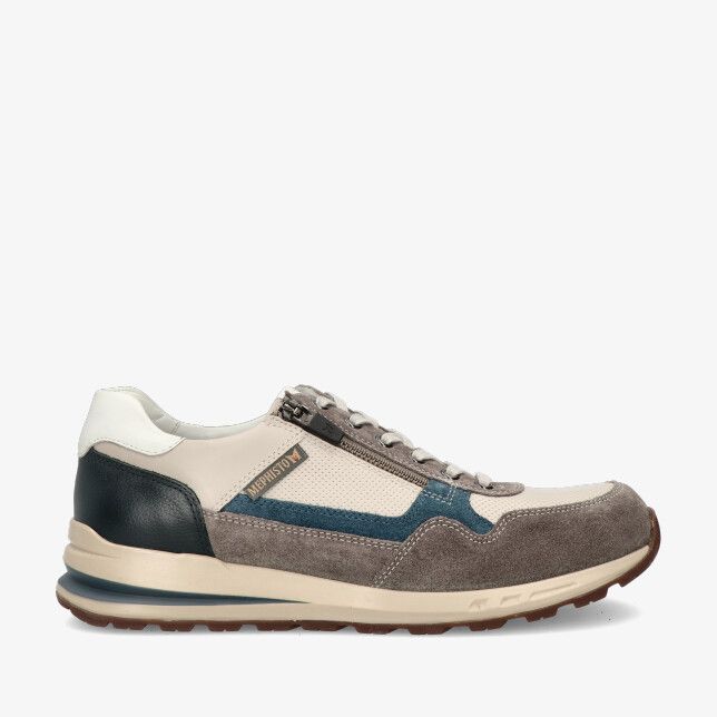 Mephisto Bradley 3603/1234/3695N/1545 grijze sneaker in leercombinatie met suède neus blauw detail rits naast veters