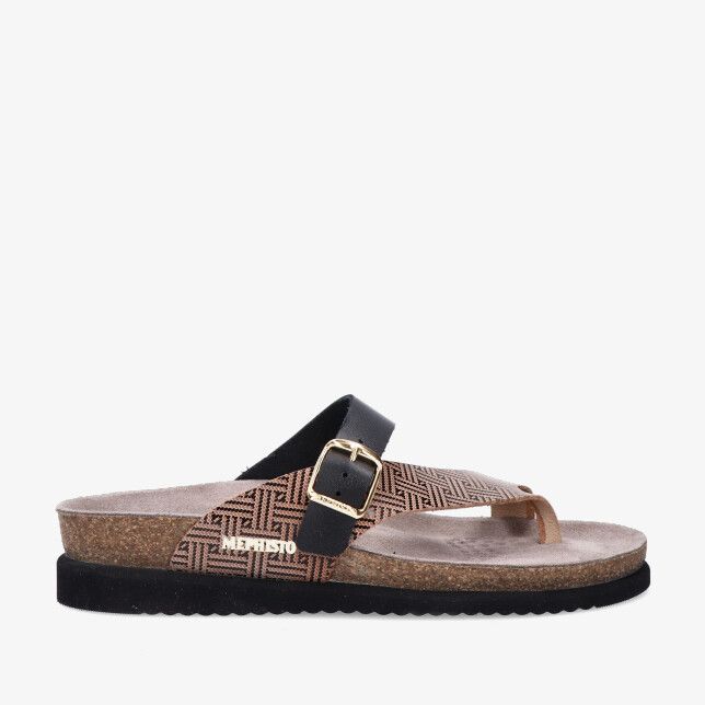 Zwarte Mephisto Helen Mix 52700/2800 teenslipper van metallic leer met kurken voetbed gouden gesp en grafisch patroon