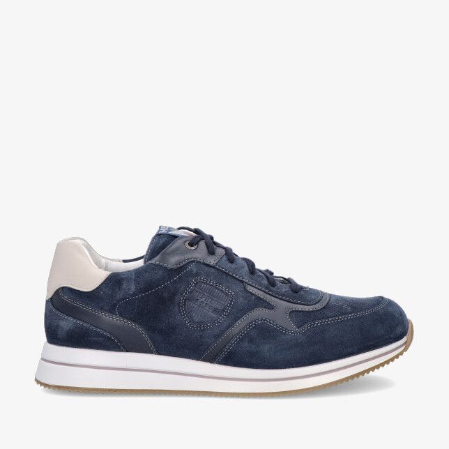 Blauwe suède Mephisto GARCIA 9869/6145/1234 sneaker met grijze inzetten witte hielkap en witte zool met lichtbruine zool