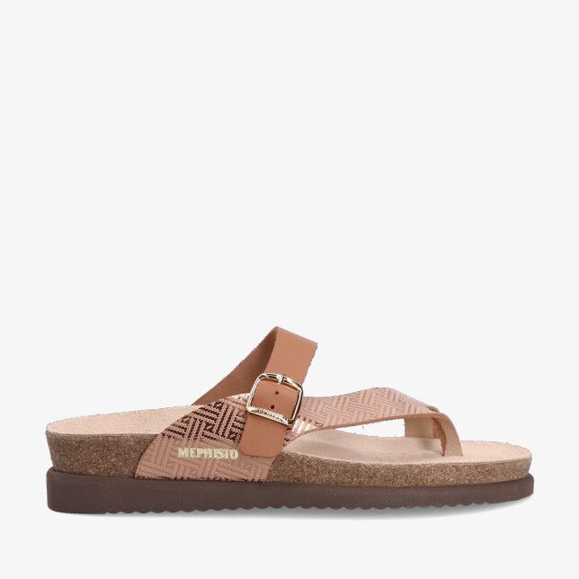 Mephisto Helen Mix 52731/2831 cognackleurige leren combi teenslipper met goudkleurige gesp band met print en kurken voetbed