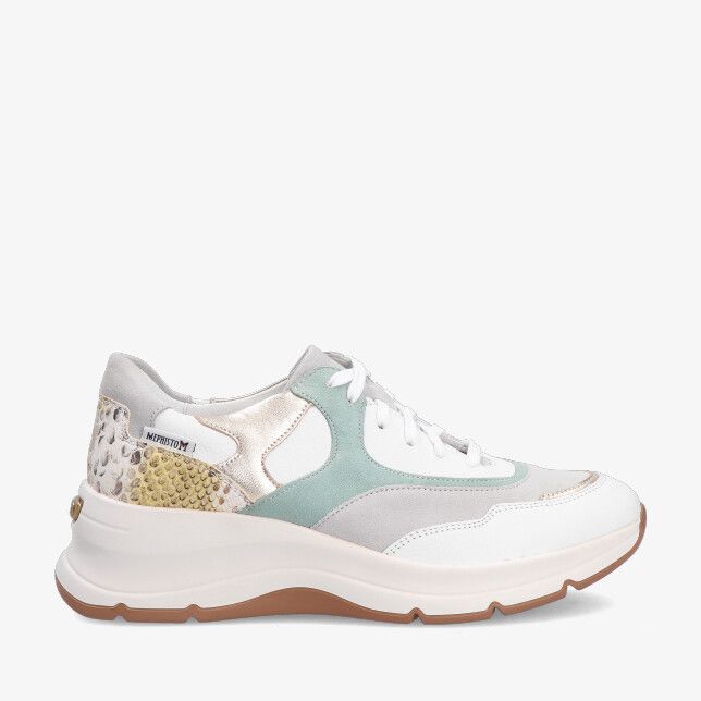 Witte Mephisto HALBANE sneaker van leercombinatie met mintgroene en grijze suède panelen slangenprint hiel dikke zool