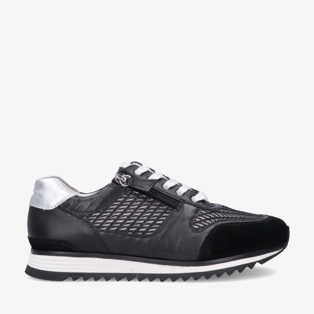 Zwarte leren Hassia PORTO 302038 0176 sneaker met rits geweven zijpanelen suède neus en zilveren hielkap op profielzool