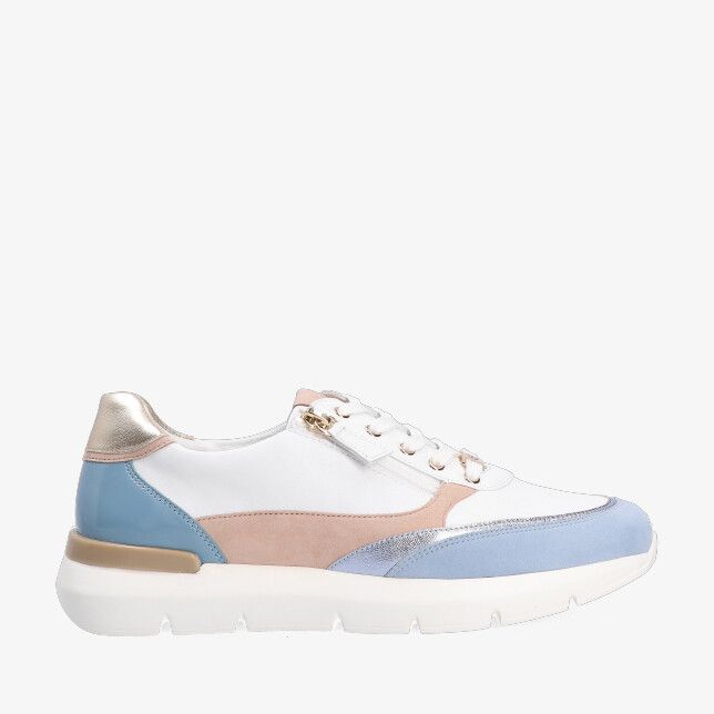 Blauwe Hassia Bordeaux 301350 0234 sneaker in leren combi met suède panelen witte chunky zool goudkleurige hiel en zijrits