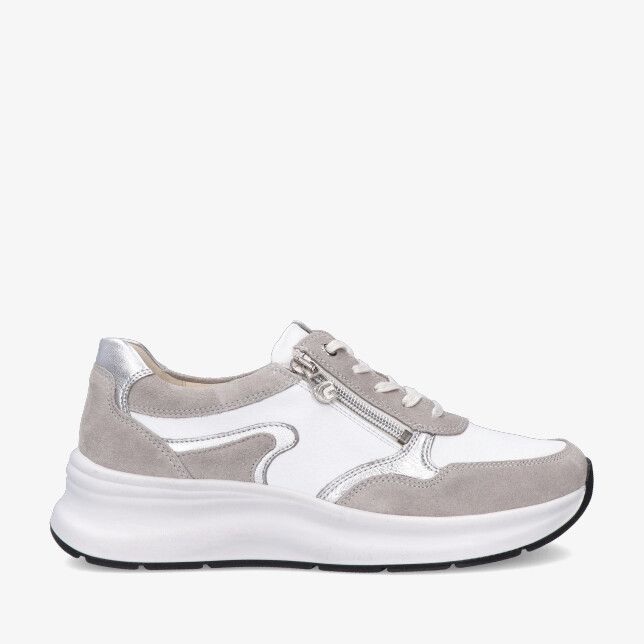 Grijze Ganter KIM 205417 0267 sneaker met stretchcombi en suède zilverkleurige details rits en veters op dikke witte zool
