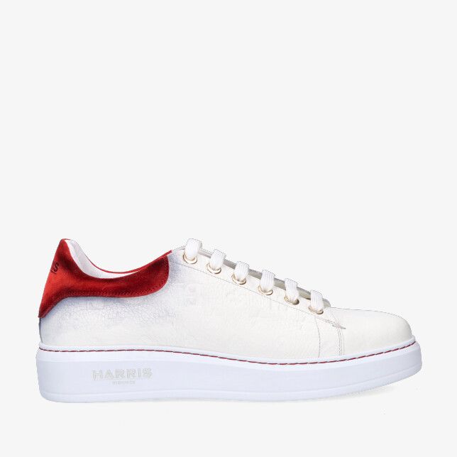 Witte Harris Paul Alce-Bianco sneaker in leren combinatie met rode suède hiel en dikke zool met rood stiksel