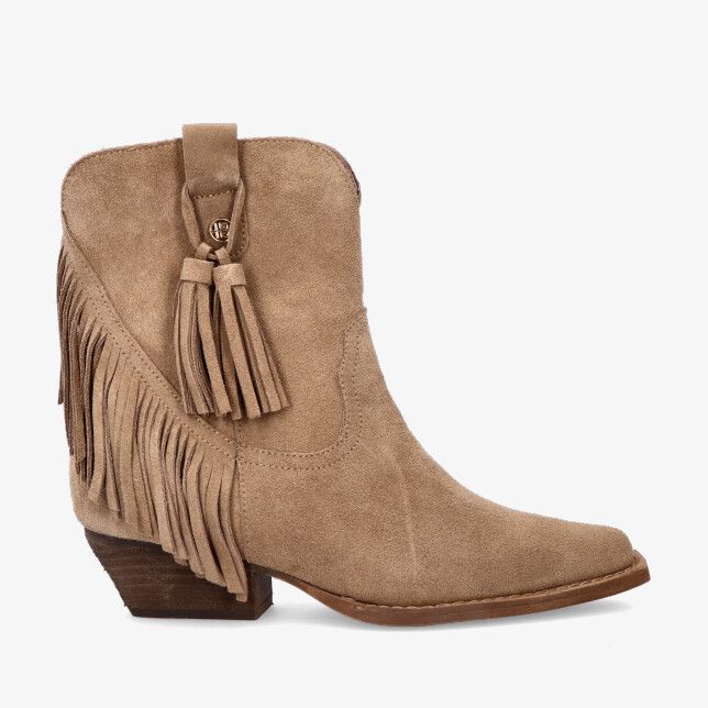 Taupe suède cowboy enkellaars PS Poelman model CLSHN3A231-41RHAB1 met franjes kwastjes spitse neus en schuine blokhak