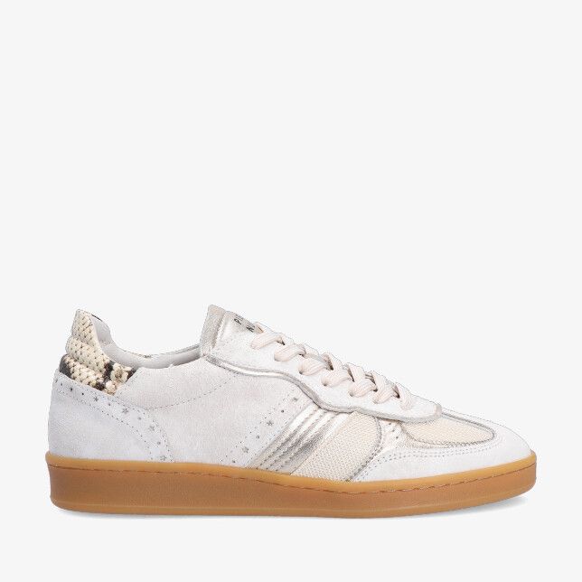 Gebroken witte Piedi Nudi Imola 06.04 sneaker in leren combinatie met slangenprint hiel metallic accenten en gumzool