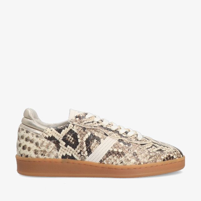 Beige leren Piedi Nudi IMOLA 01.23 sneaker met slangenprint laag model veters en karamelkleurige rubberzool