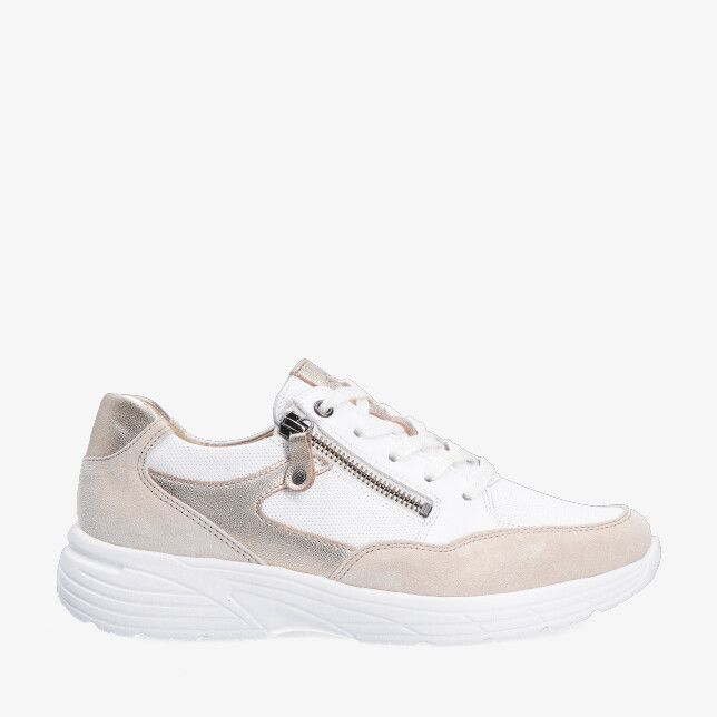 Beige Hartjes Katy 162.2603/31 32.02 sneaker in leercombi met mesh panelen suède en metallic details rits en dikke zool