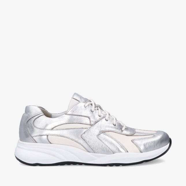 Zilveren leren Durea Flex 6316 602 2152 sneaker met glanzende panelen witte chunky zool en veters