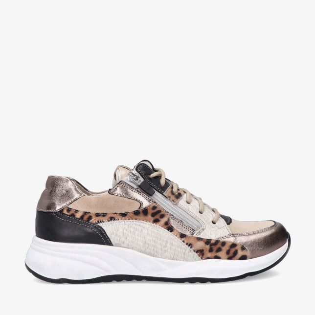 Bronzen Durea Dry Maxx 6318 604 2076 sneaker in leren combi met panterprint zijrits veters en witte chunky zool