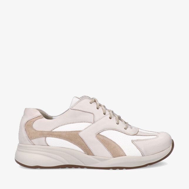 Beige Durea FLEX 6316 608 2080 sneaker in stretch combi met suède accenten wit leerlook en veters op een stevige zool