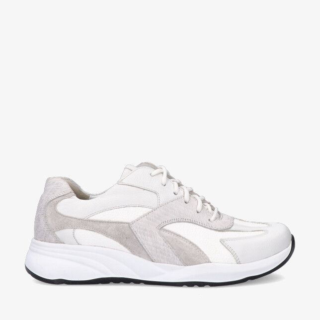 Witte Durea Flex 6316 608 2081 sneaker met stretchcombi leer en suède accenten en witte zool met zwarte rand en veters
