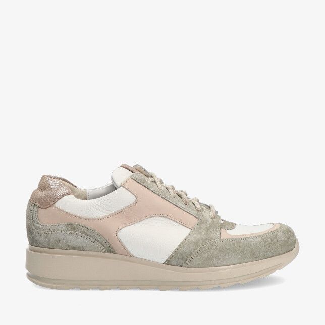 Groene sneaker van Durea model 6315 688 2165 in leren combi met suède panelen beige zool en metallic hielstuk