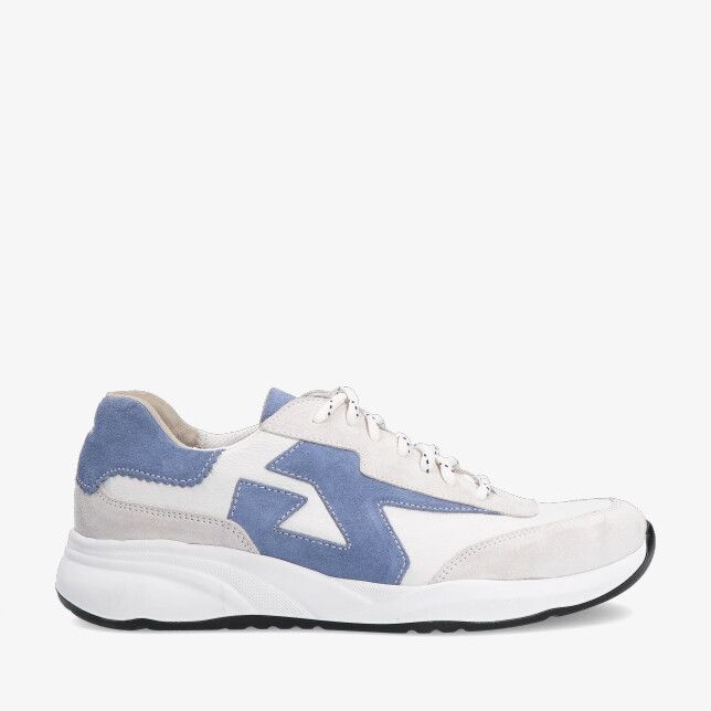Durea DRY MAXX 6305 604 2141 sneaker in gebroken witte leren combinatie met blauwe suède accenten en dikke witte zool
