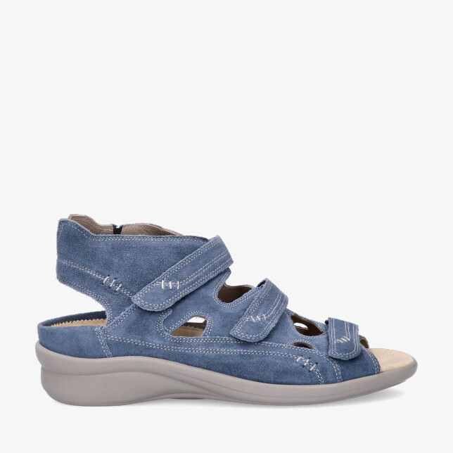 Blauwe Nubuck sandaal Durea 7272 216 2158 met drie klittenbandriemen uitsparingen gesloten hiel en zachte sleehakzool