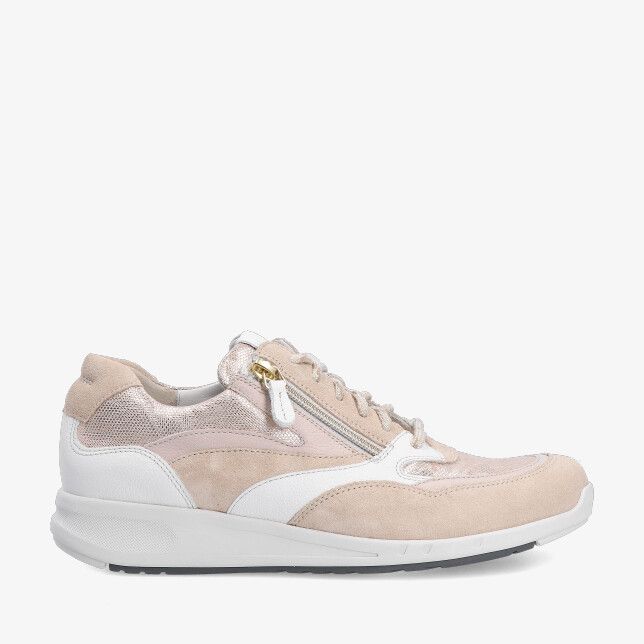Durea GO model 6306 685 2146 beige nubuck sneaker met witte overlays zijrits met gouden detail en dikke witte zool