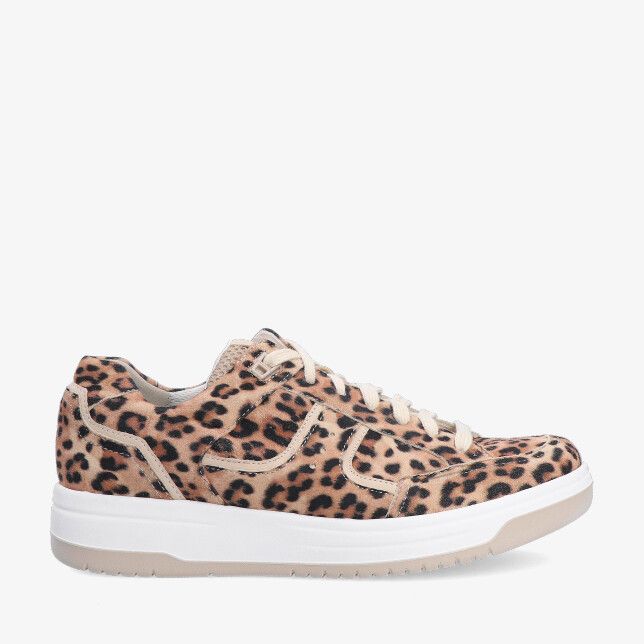 Bruine Durea Dry Maxx 6299 688 1994 sneaker van nubuck met luipaardprint veters en een witte chunky zool