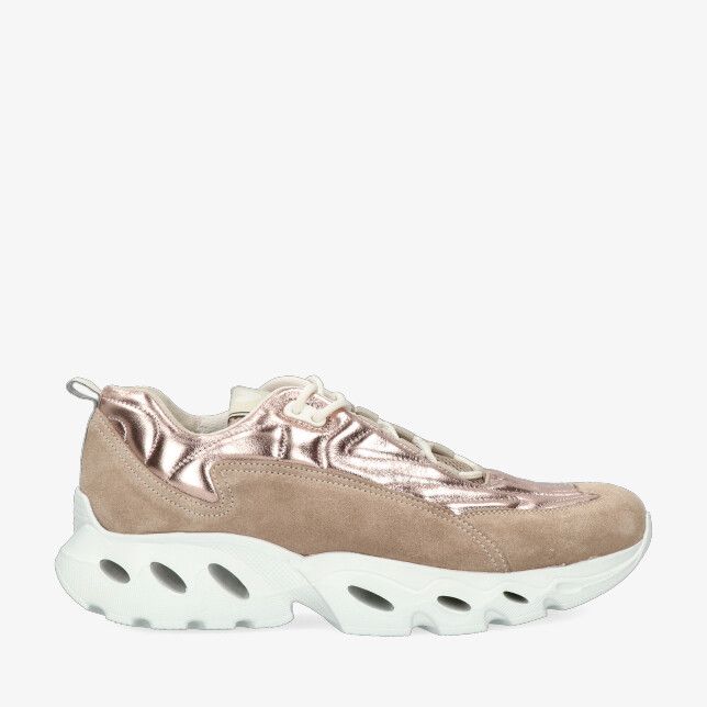 Beige Durea Flowmotion 6311 608 2019 sneaker in leercombinatie met metallic roze panelen en dikke witte zool met openingen