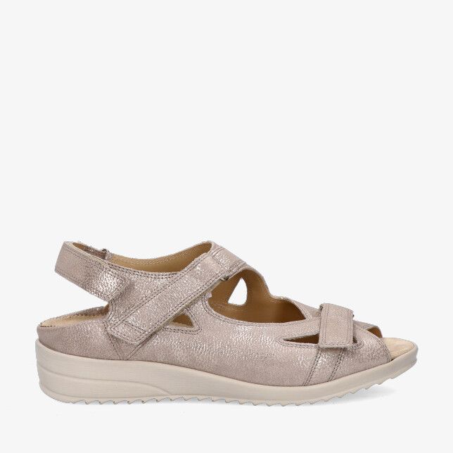 Durea 7419 219 1940 sandaal in taupekleurig metallic leer met verstelbare klittenband open teen en lichte sleehakzool