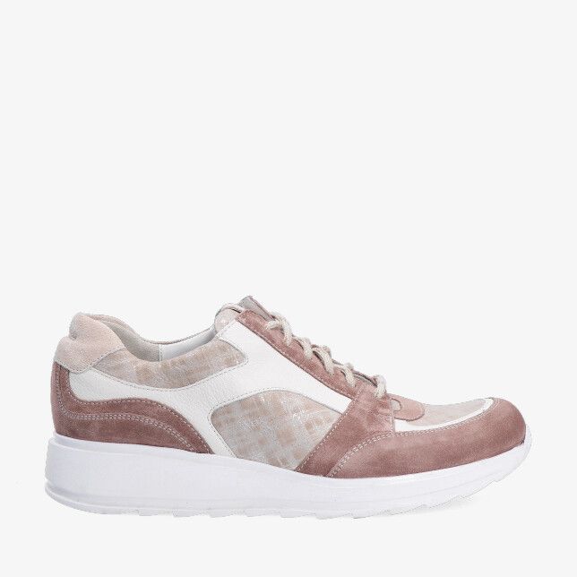 Roze suède Durea model 6315 685 2166 vetersneaker met witte inzetten en mesh panelen op een dikke witte zool