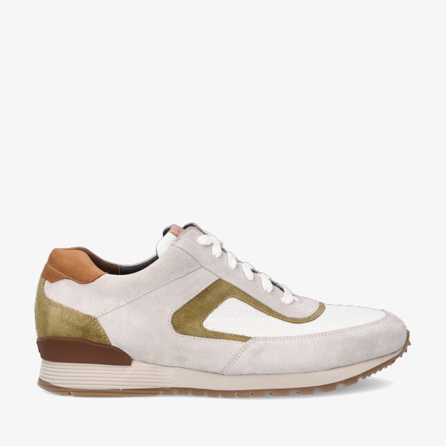 Gebroken witte leren Gijs sneaker model 2138 905 1996 met suède en mesh olijfgroene accenten bruine hiel en loopzool