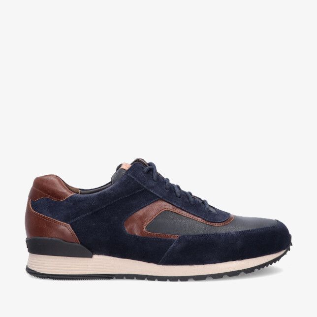 Blauwe Gijs model 2138 904 2175 sneaker in leren combi met suède en glad leer met bruine details en beige zool