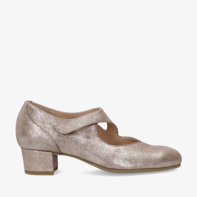 Durea 5755 005 2046 taupekleurige Mary Jane in metallic leer met bandje over de wreef ronde neus en lage blokhak