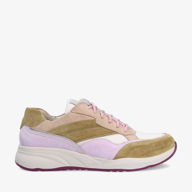 Groene Durea DRY MAXX 6308 608 1972 suède sneaker met lila en beige panelen roze veters en dikke witte zool