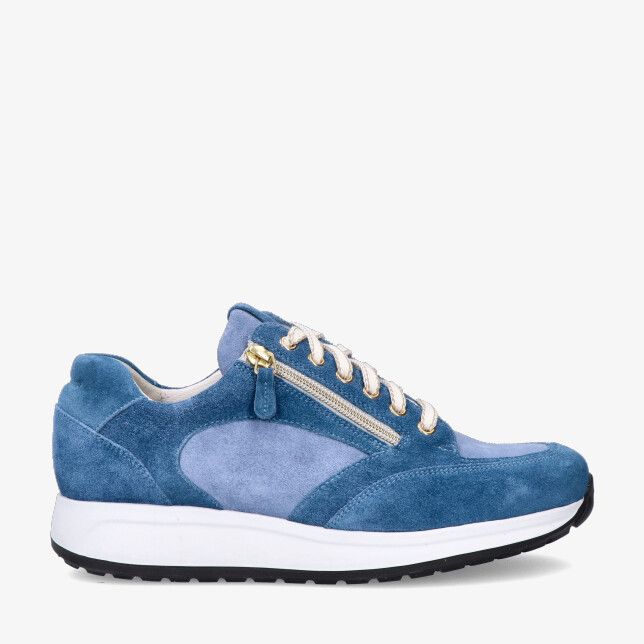 Blauwe Durea DRY MAXX 6322 608 2114 suède sneaker met goudkleurige zijrits witte tussenzool en zwarte loopzool