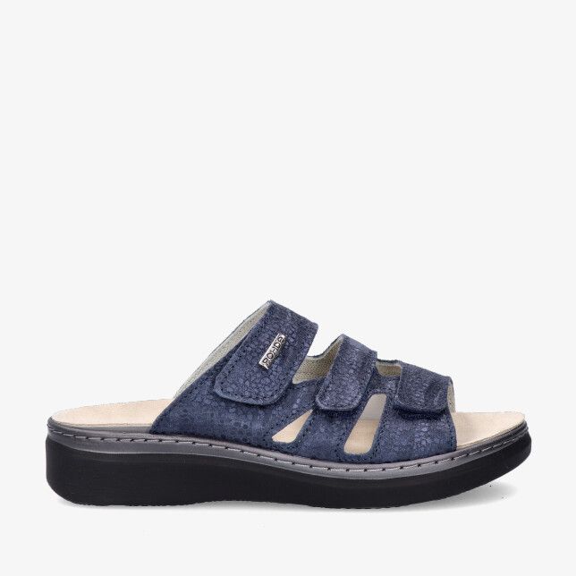 Blauwe Rohde 5221 56 slipper van metallic leer met drie klittenbandbandjes open teen uitsparingen en zwarte comfortzool