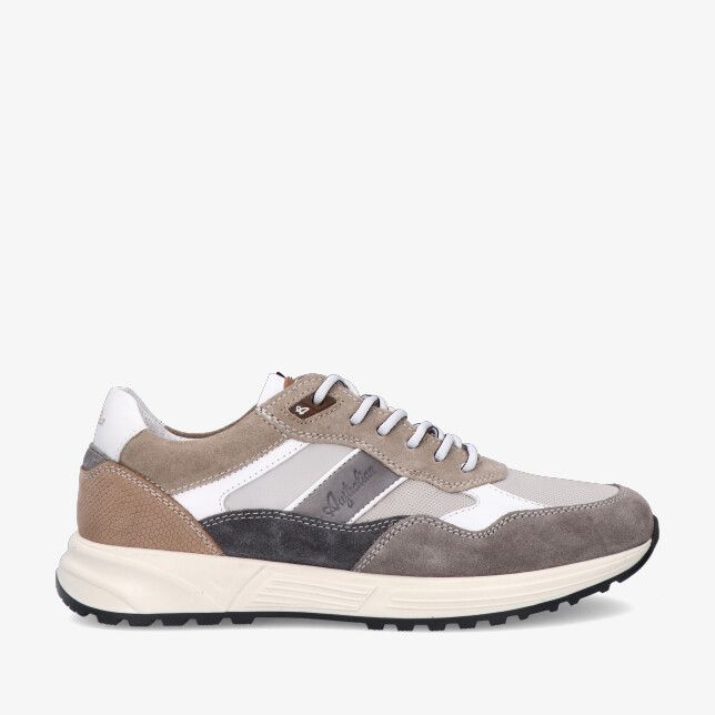 Grijze suède sneaker Australian GRANTS 15.1688.03 KI5 met retro runner look witte inzetstukken beige accenten en profielzool