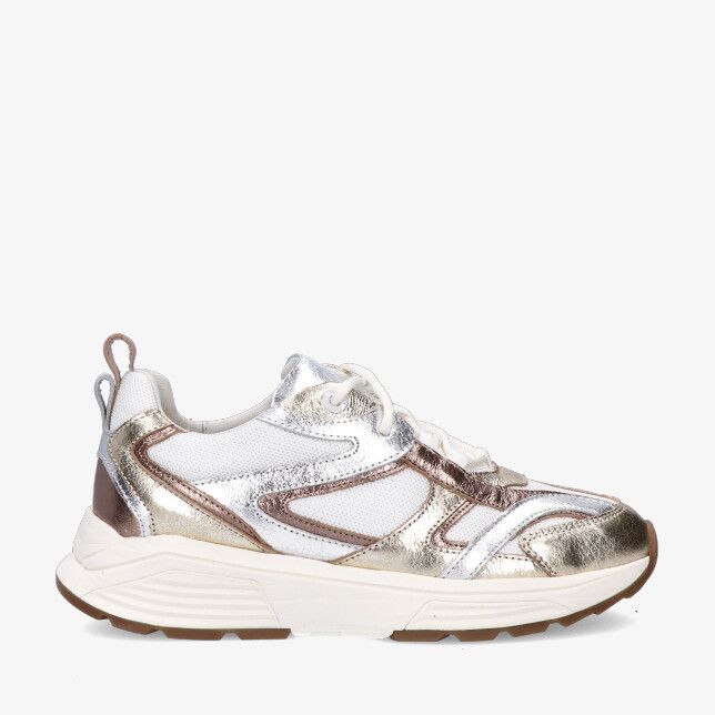 Bronzen Xsensible Brooklyn 33003.5 693 sneaker met stretchcombi metallic panelen wit mesh veters en dikke zool