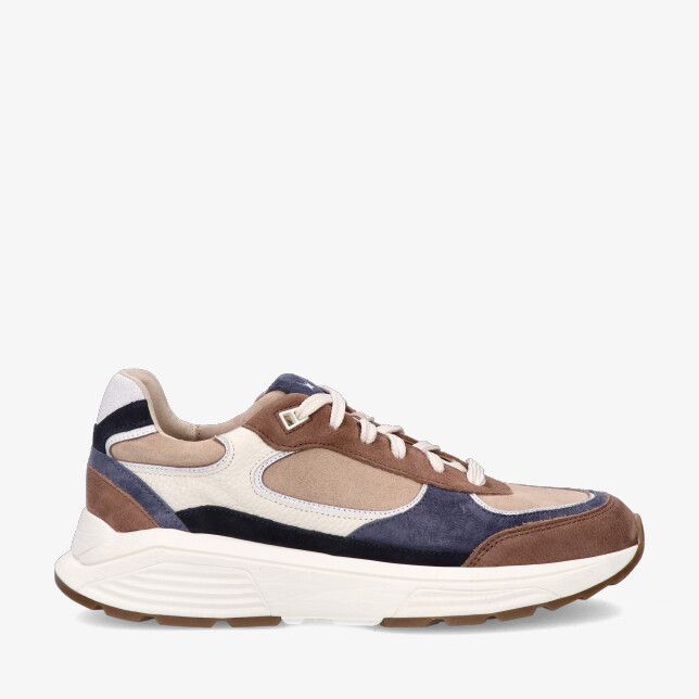 Bruine Xsensible Manhattan 33204.4 352 sneaker in leercombi met suède panelen beige en blauwe accenten en witte chunky zool