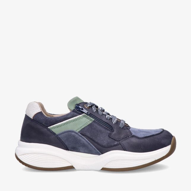 Blauwe Xsensible SWX14 30088.2 244 sneaker in een combinatie van leer met groene accentstrook zijrits en dikke witte zool