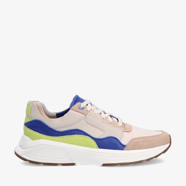 Xsensible Golden Gate 33200.3 530 sneaker in taupe met stretchcombinatie suède neus blauwe lime accenten en dikke witte zool