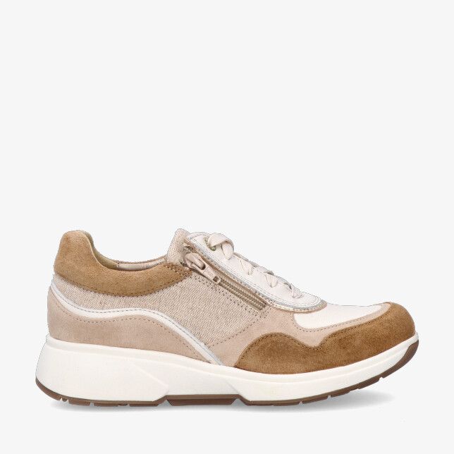 Ecrukleurige leren Xsensible LIMA 30204.3 429 sneaker met suède panelen en zijrits met veters en een chunky witte zool