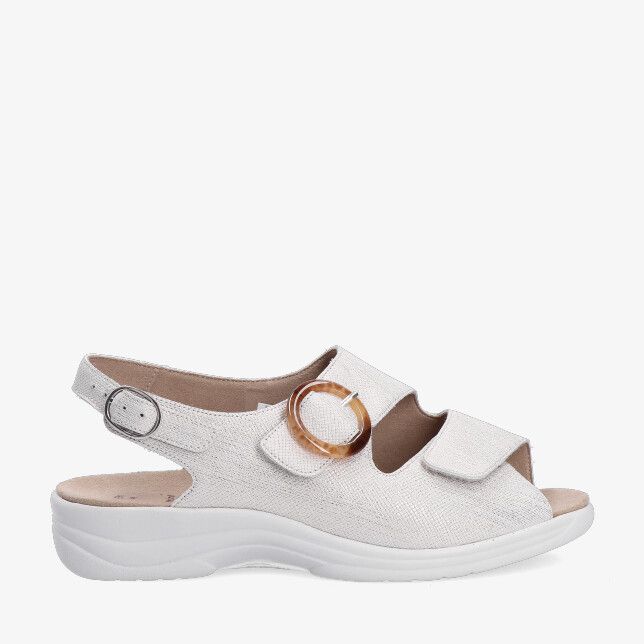 Beige Solidus MONI 74032 10341 sandaal van metallic leer met open teen twee klittenbandsluitingen ringdetail en witte zool