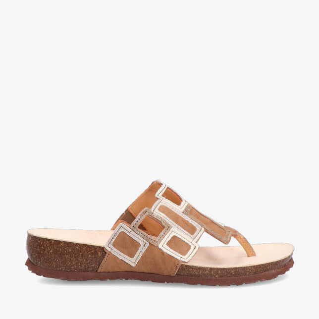 Cognackleurige leren teenslipper Think! JULIA 3 001136 4000 met vierkante uitsparingen en kurken zool