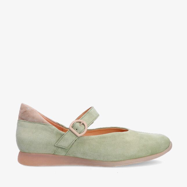Groene suède Mary Jane van Think! model ALOA 3 001333 7000 met ronde gesp contrasterend hielstuk en lage zool