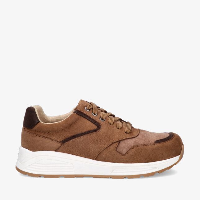 Cognackleurige Nimco Brave 70213.2 370 sneaker met suède stretchcombinatie witte zool en donkerbruine details