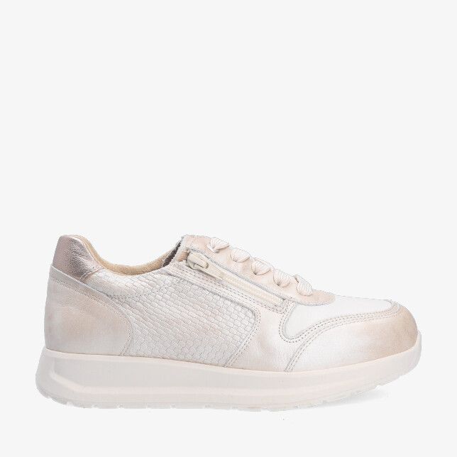 Beige Nimco Sharon 70115.3 175 sneaker in stretchcombi met zijrits veters en subtiele slangenstructuur op de zijkant