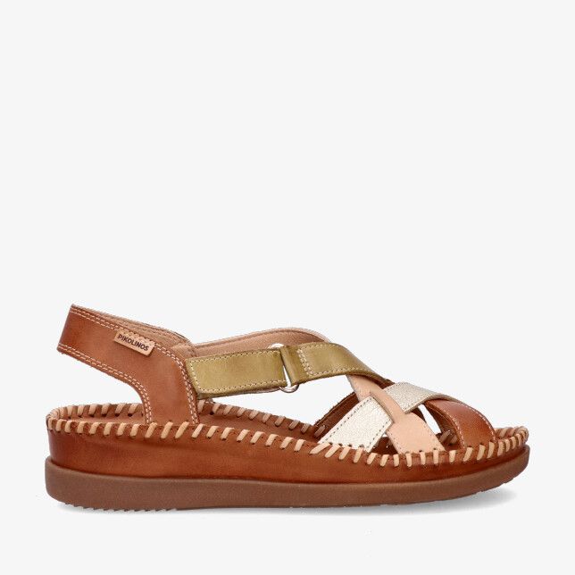 Leren Pikolinos Cadaqués W8K-0741C2 sandaal in cognac met kruisbanden en klittenband op plateauzool met stikselrand